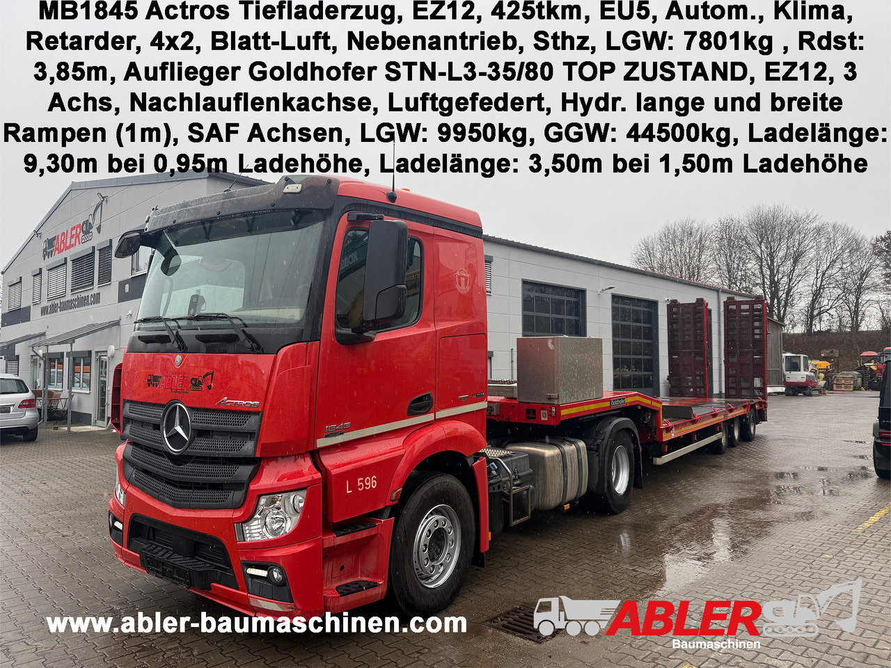 Mercedes-Benz 1845 Actros SZM mit Goldhofer Tieflader Auflieger - Tractor unit, Low loader semi-trailer: picture 1 Mercedes-Benz 1845 Actros SZM mit Goldhofer Tieflader Auflieger - Tractor unit, Low loader semi-trailer: picture 1