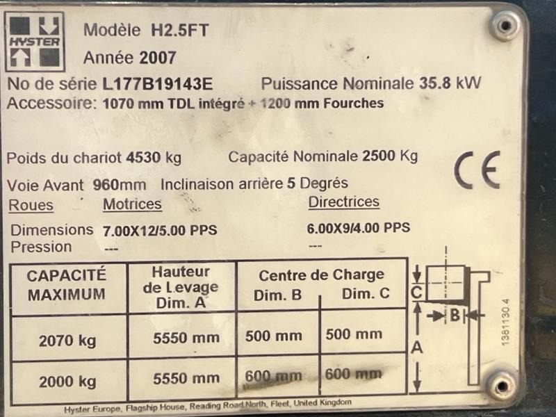 Diesel forklift Hyster H2.5FT CHARIOT ELEVATEUR DIESEL 2,5T / 5,5m (NET DE TVA): picture 13 Diesel forklift Hyster H2.5FT CHARIOT ELEVATEUR DIESEL 2,5T / 5,5m (NET DE TVA): picture 13