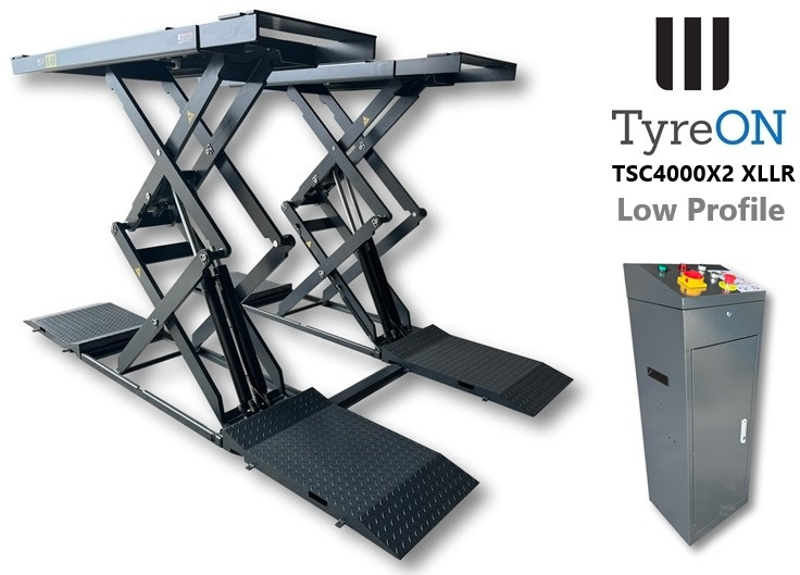 TSC4000X2 XLLR Low Profile 4T floor mounted scissor lift - Large lifting range, 66 cm wide extendable tables 148.5 to 230,5 cm - Hydromechanically locked - no air required - Also for vehicles with 5 c - Garage equipment: picture 2 TSC4000X2 XLLR Low Profile 4T floor mounted scissor lift - Large lifting range, 66 cm wide extendable tables 148.5 to 230,5 cm - Hydromechanically locked - no air required - Also for vehicles with 5 c - Garage equipment: picture 2