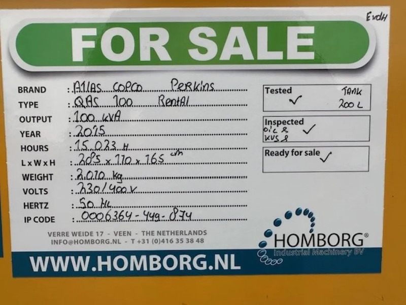 Generator set Atlas-Copco QAS 100 Perkins Leroy Somer 100 kVA Silent Rental generatorset: picture 19 Generator set Atlas-Copco QAS 100 Perkins Leroy Somer 100 kVA Silent Rental generatorset: picture 19
