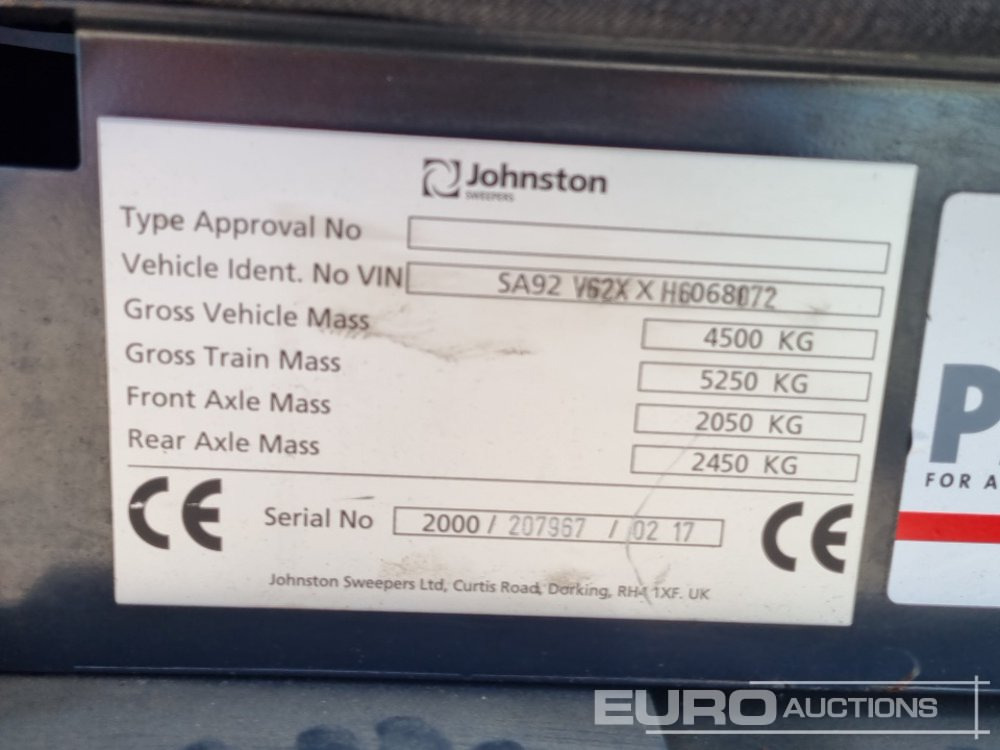 Road sweeper 2017 Johnston 4x2 Road Sweeper, Reverse Camera, Automatic Gearbox (Category S Insurance Loss, Runs No Drive): picture 38