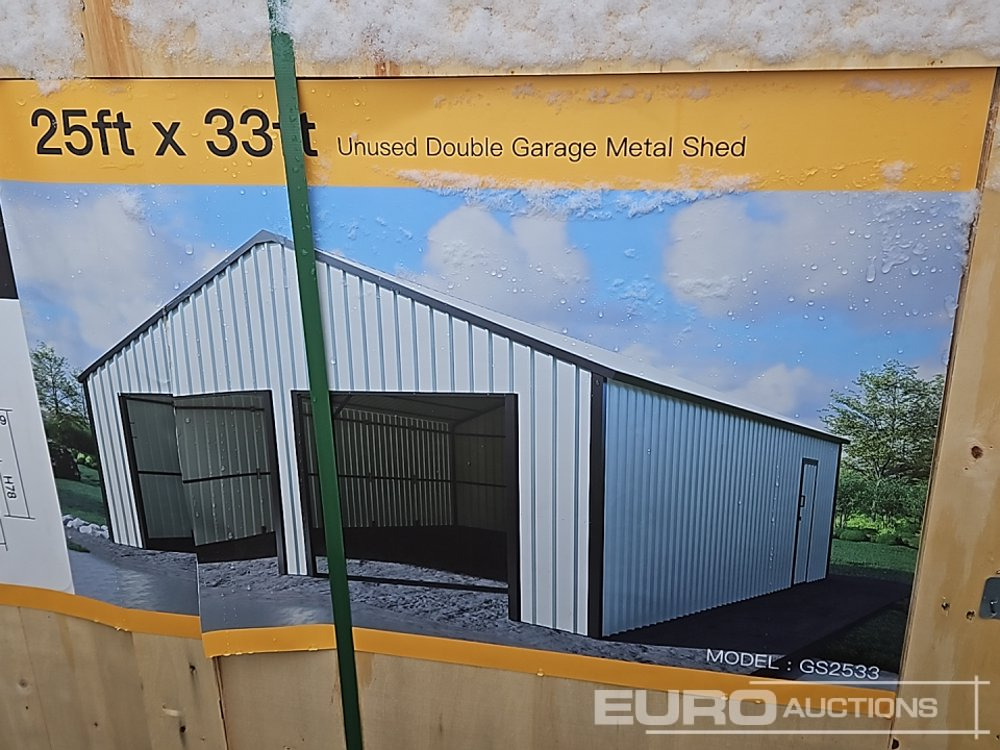 Unused 2025 25' x 33' Double Garage Metal Shed (Cannot Be Reconsigned) - Shipping container: picture 1 Unused 2025 25' x 33' Double Garage Metal Shed (Cannot Be Reconsigned) - Shipping container: picture 1